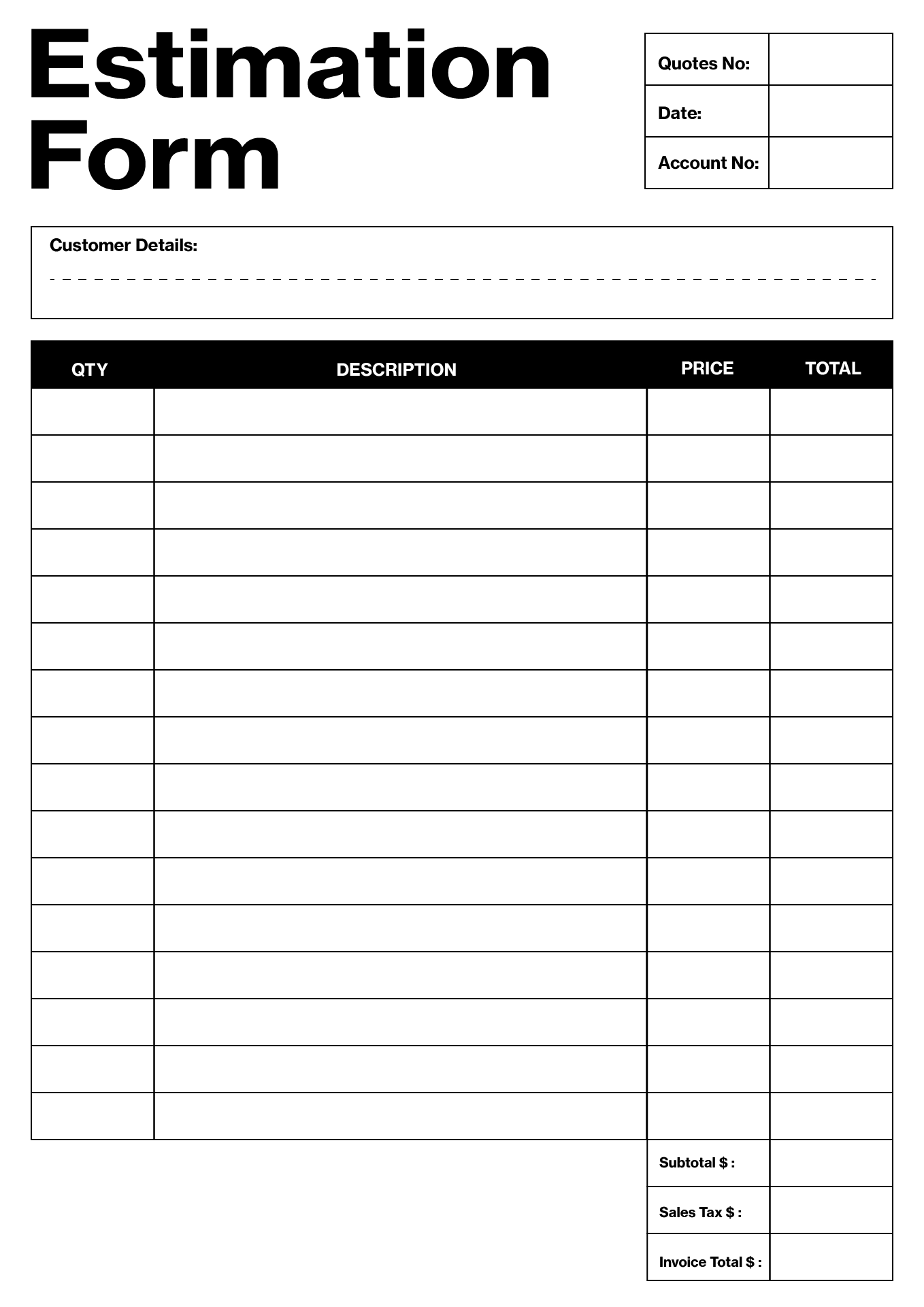 Blank Estimate Printable Pdf
