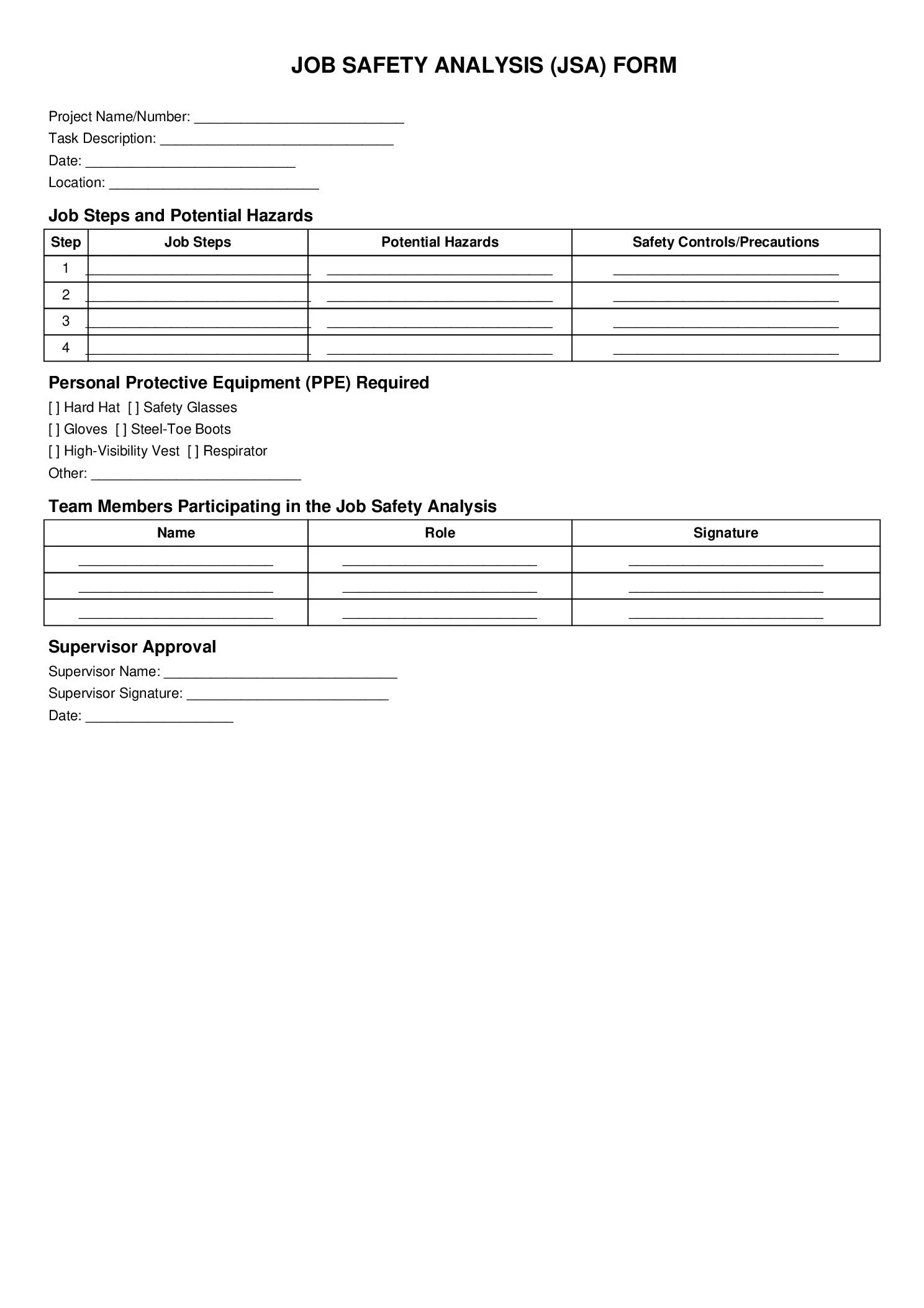 Job Safety Analysis JSA Form Printable Job Safety Checklist 
