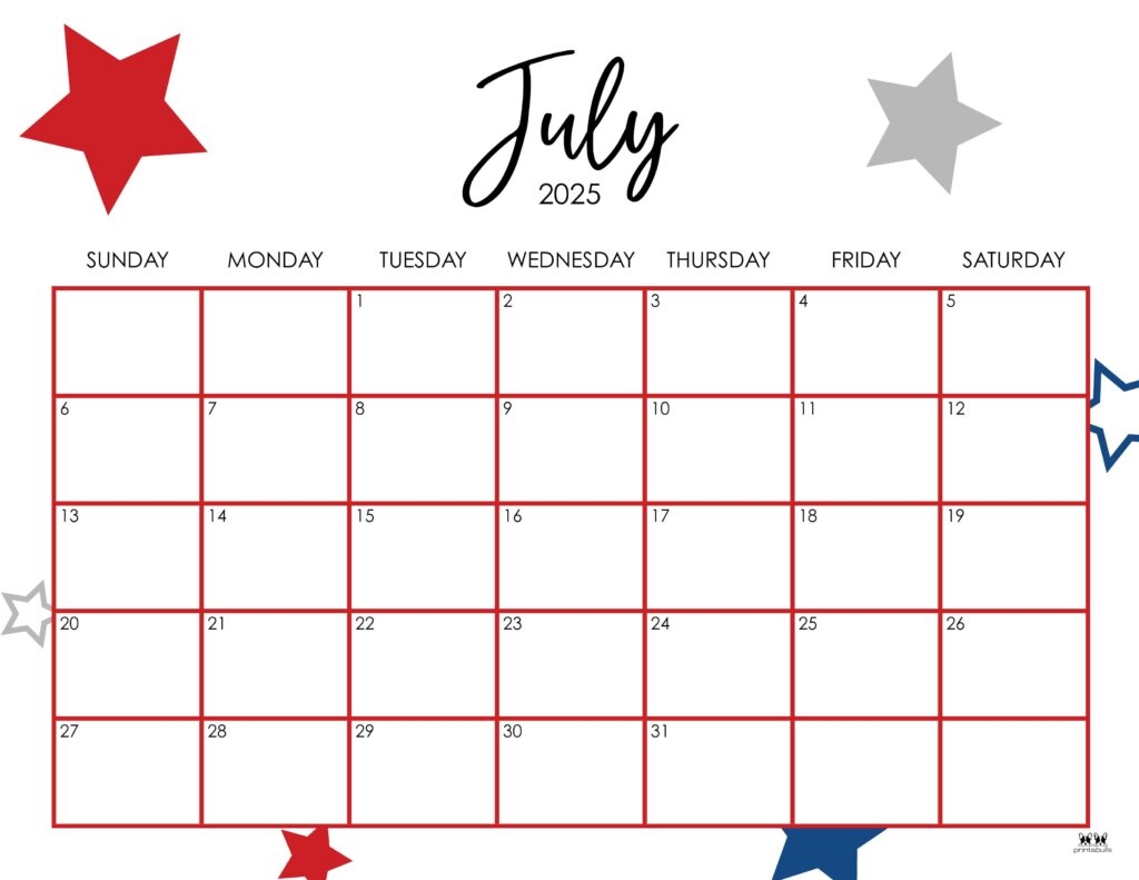 Blank Printable Monthly Calendar July
