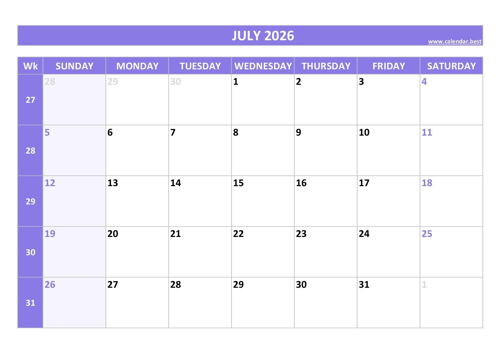 July 2026 Calendar Calendar best