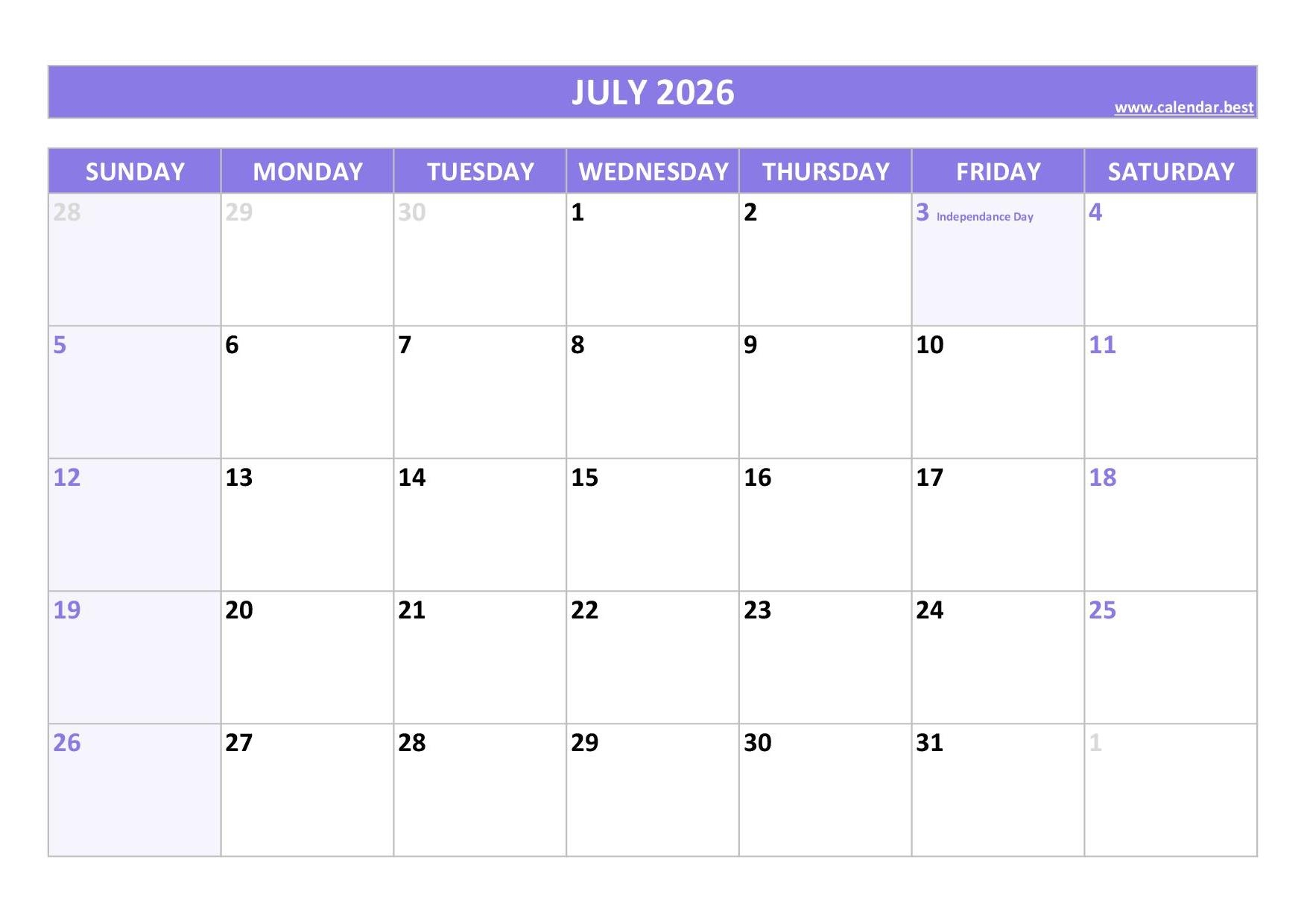 Blank Printable Calendarvertical July 2026