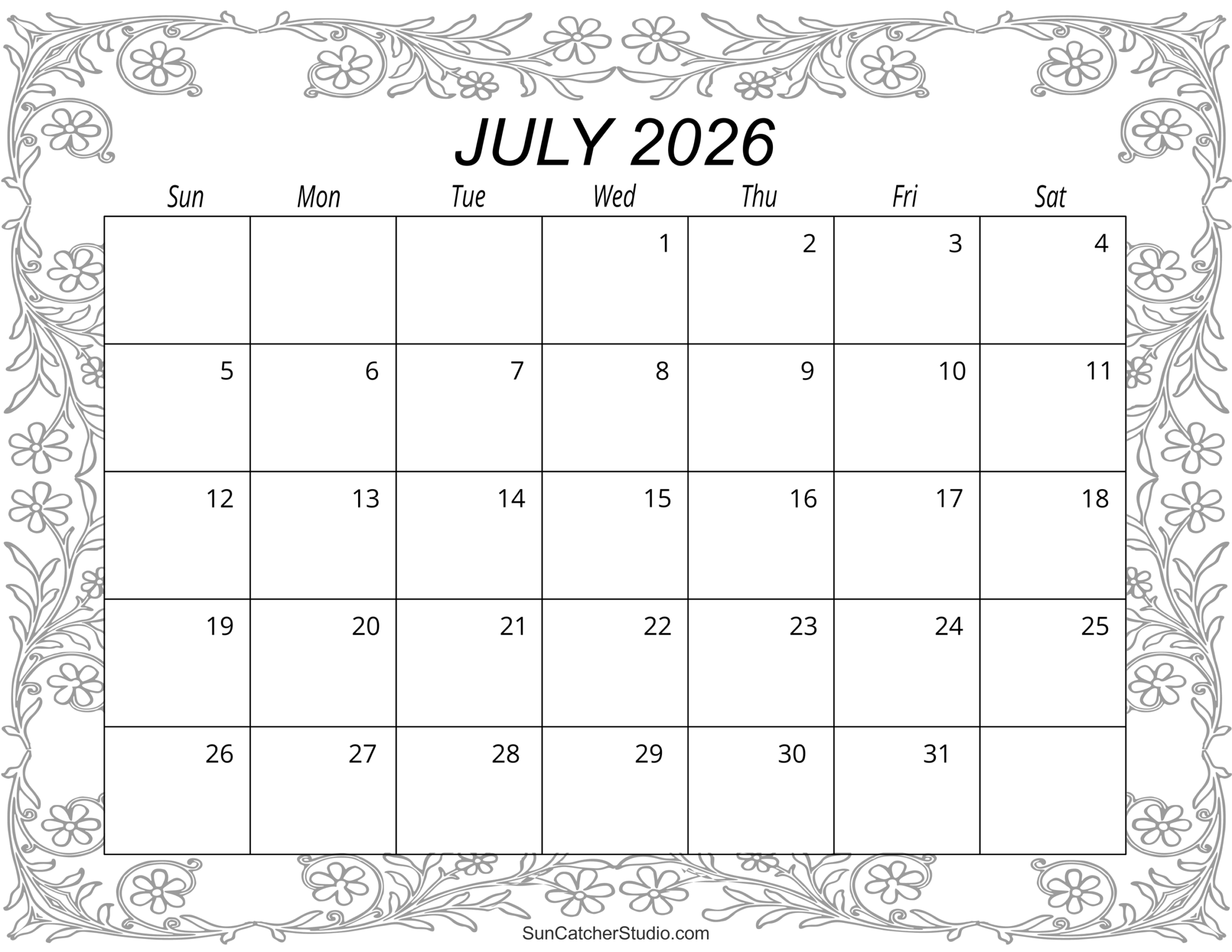 Printable July Blank Calendar 2026