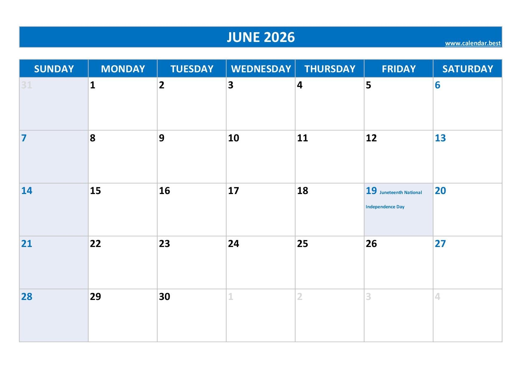 Blank June Calendar 2026 Printable