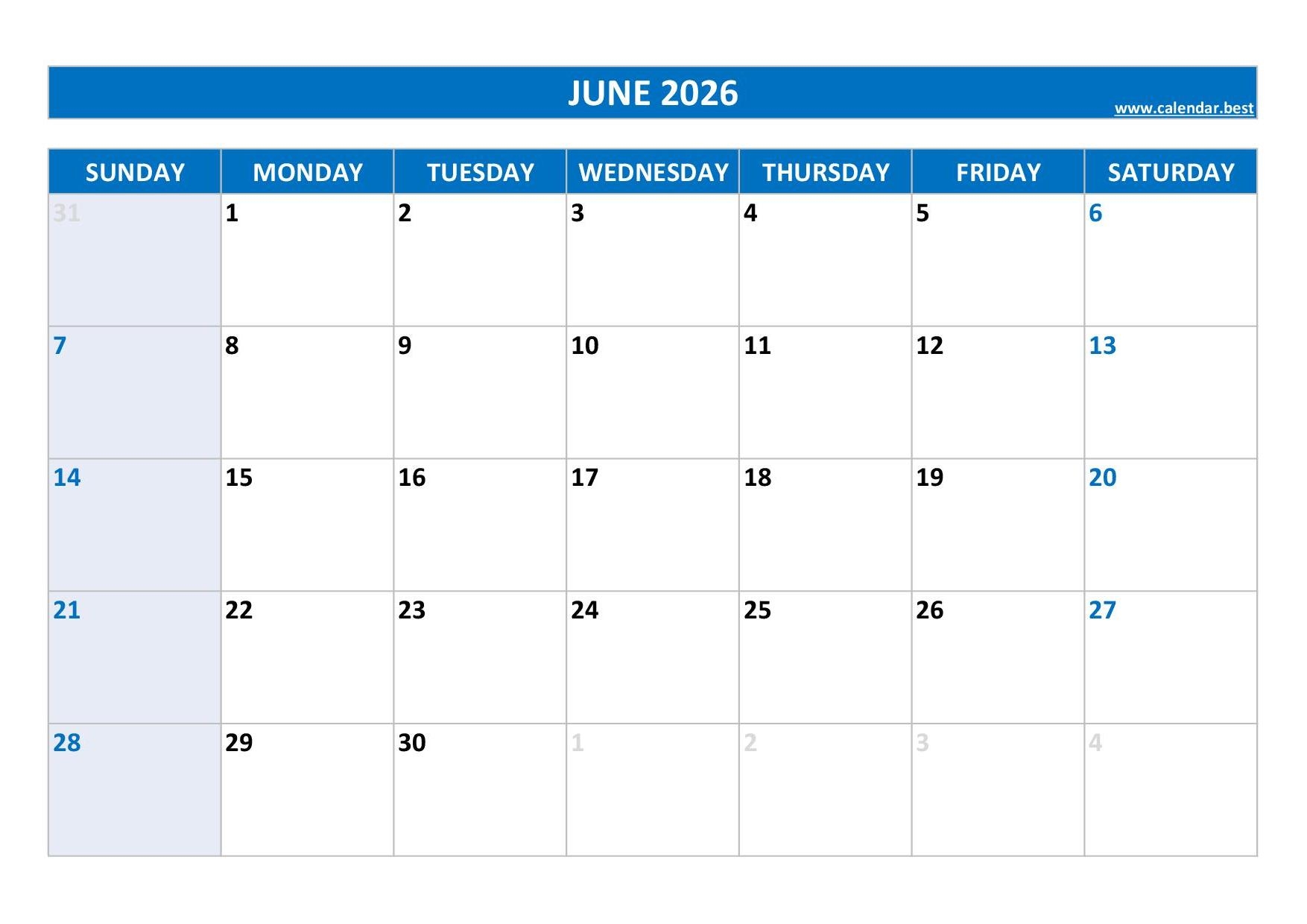 Blank Printable Calendar June 2026