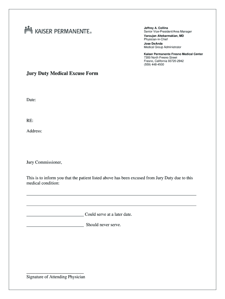 Kaiser Permanente Jury Duty Medical Excuse Form Fill Online 