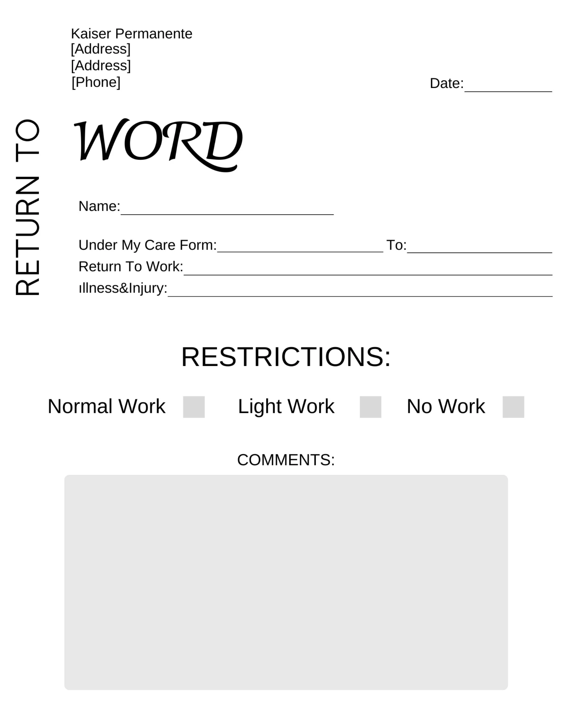 Kaiser Return To Work Doctor s Note Editable Canva Template 