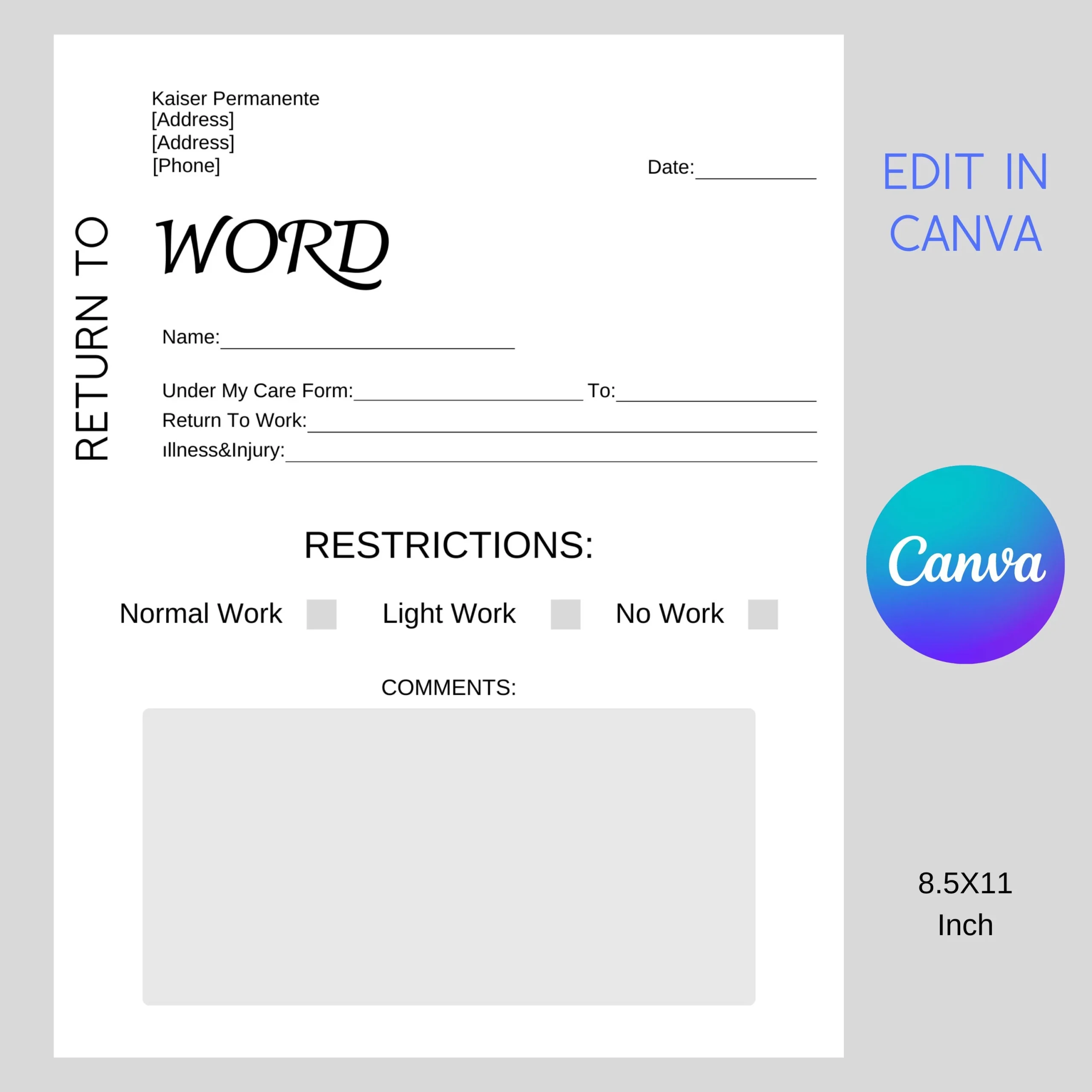 Kaiser Return To Work Doctor s Note Editable Canva Template 