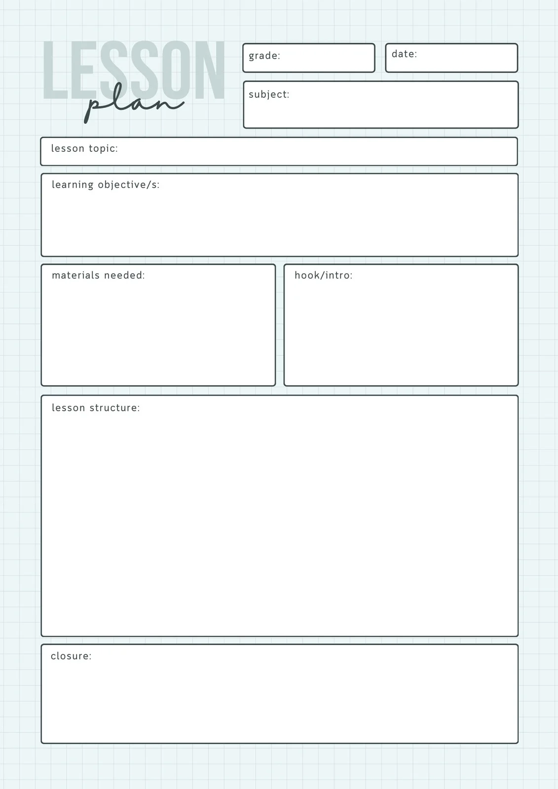 Printable Blank Quarterly Lesson Plan