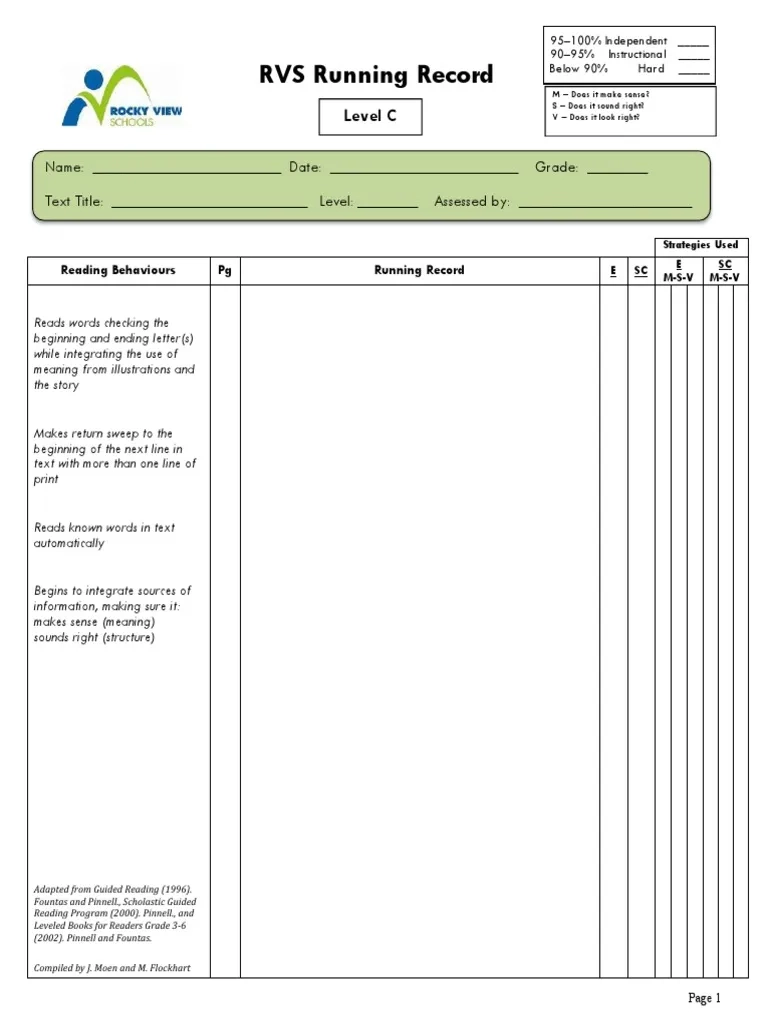 Level C Rvs Running Record PDF Reading Comprehension 