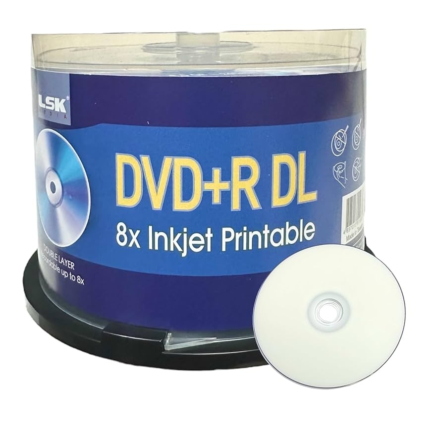 LSK Media DVD R DL Double Layer 8X 8 5GB 240min Video White Inkjet Printable By 50 Pack In Spindel Blank DVDs For Burning Video DVD Discs 