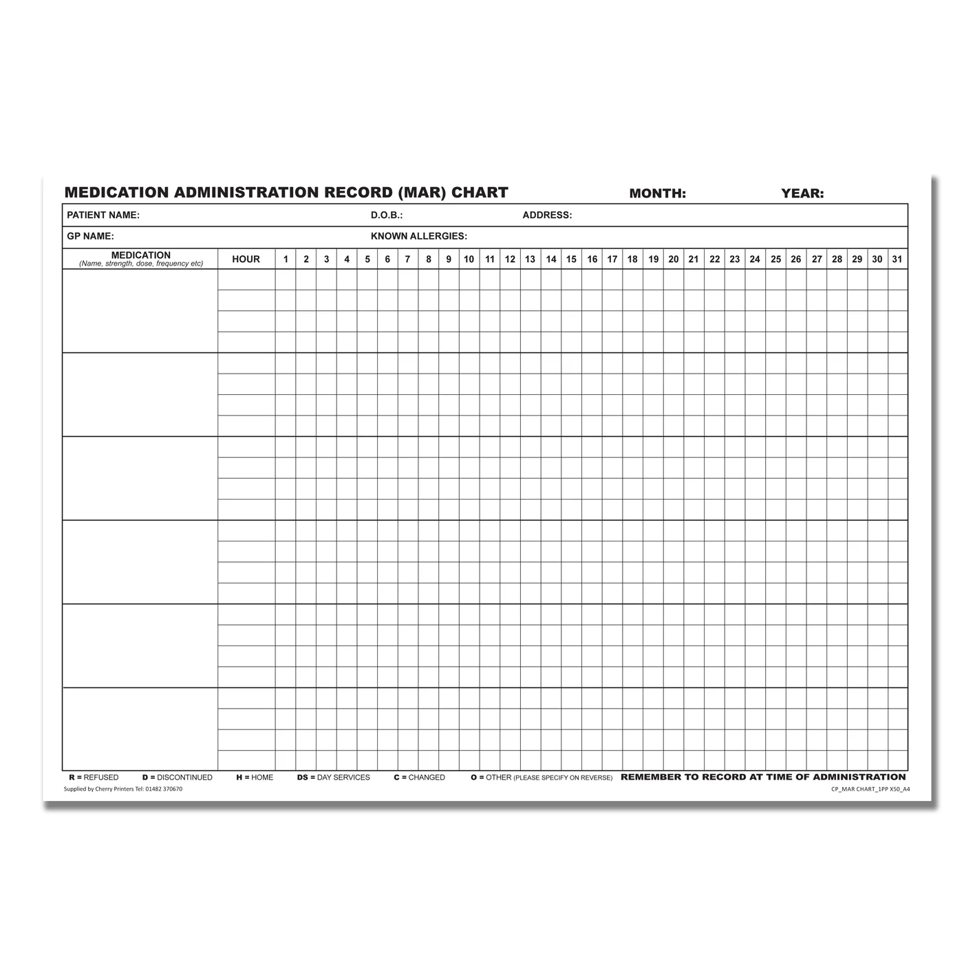 MAR Chart Medikamentenverabreichungsprotokoll Block A4 50Seiten 