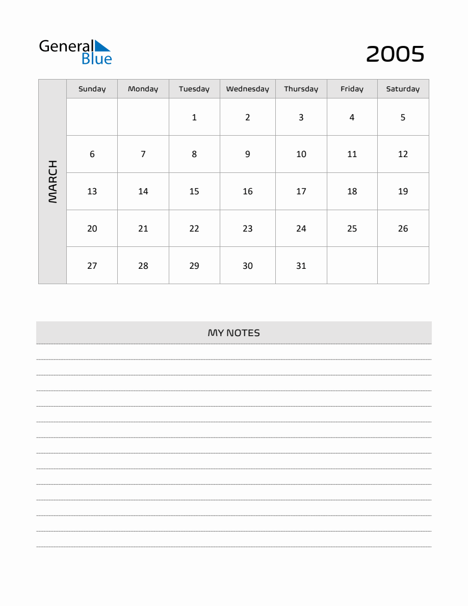 March 2005 Printable Monthly Calendar With Notes