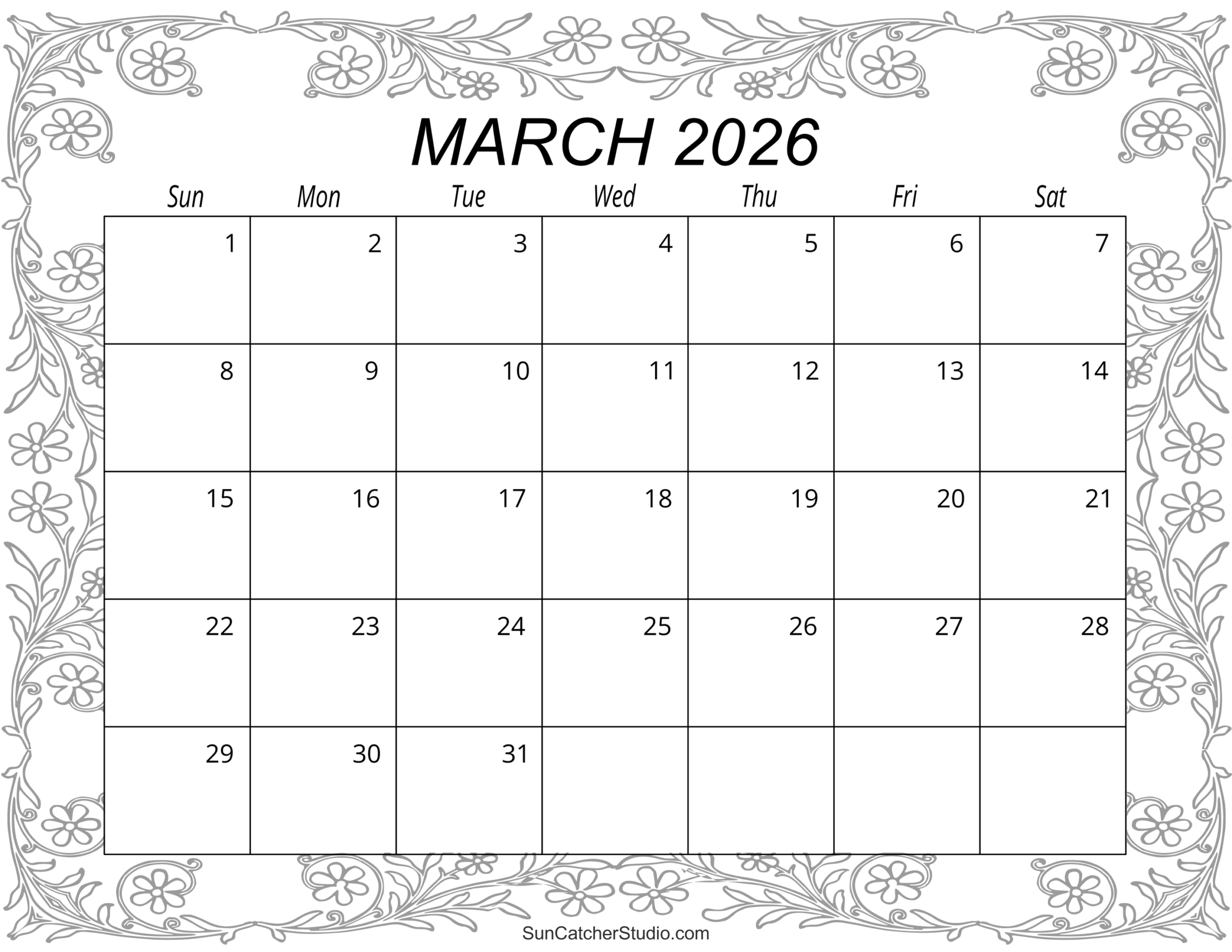 Blank March 2026 Printable Calendar