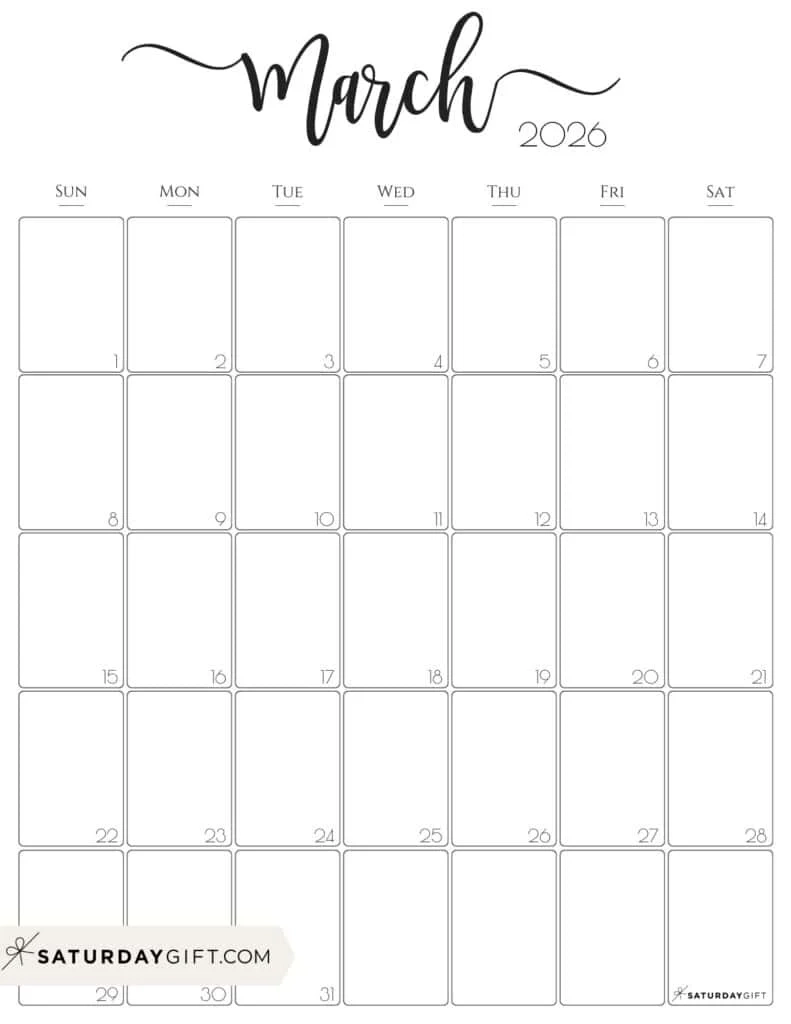Printable March 2026 Blank Calendar