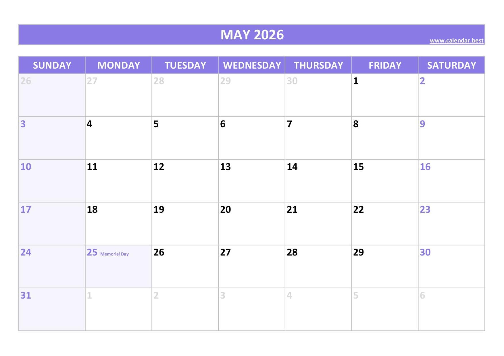 Printable Blank 2026 Calendars May