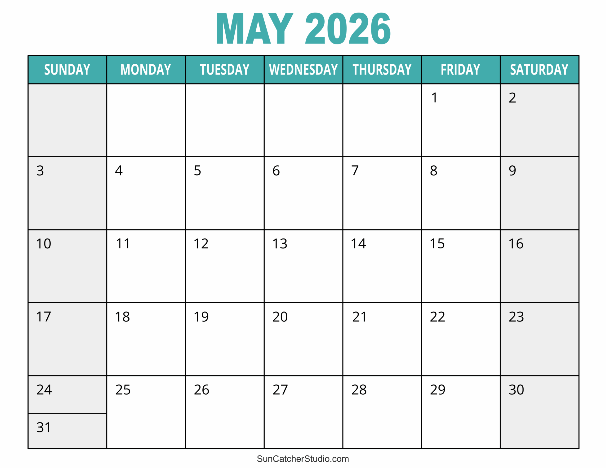 Printable 2026 Blank Monthly Calendar