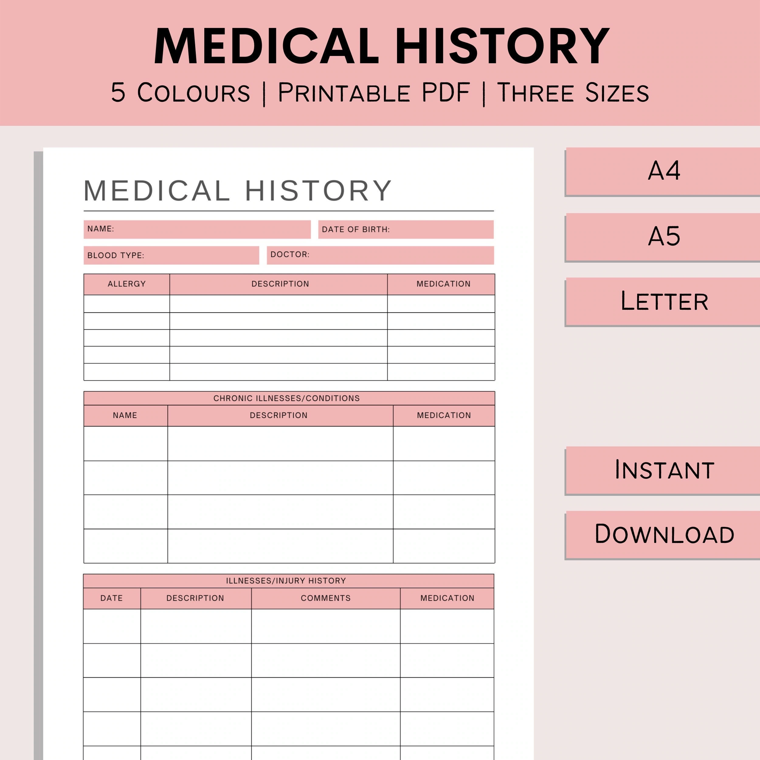 Medical History Form Printable Medical Binder Family Health 