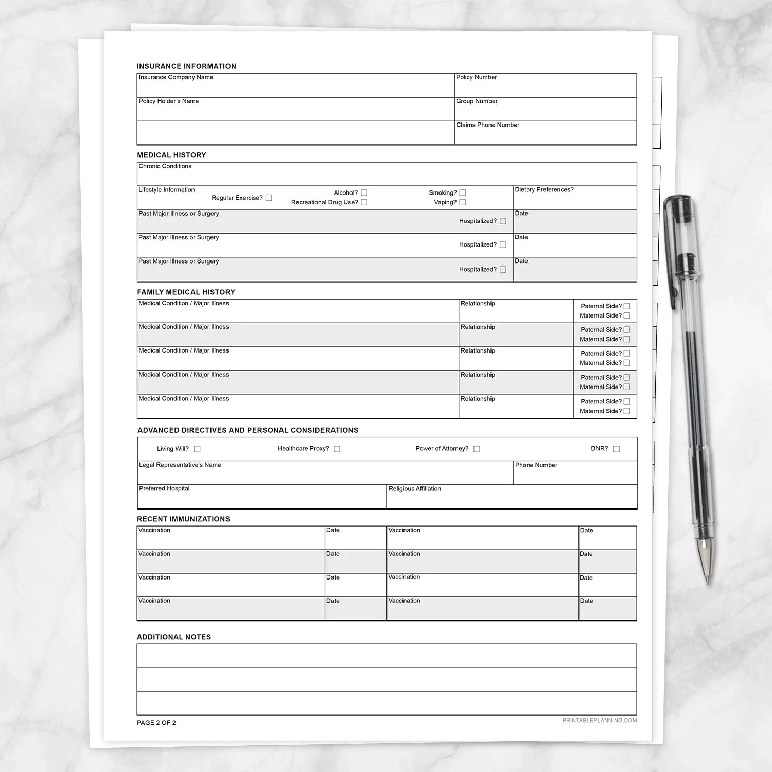 Medical Information Form Printable PDF Personal Health Tracker 