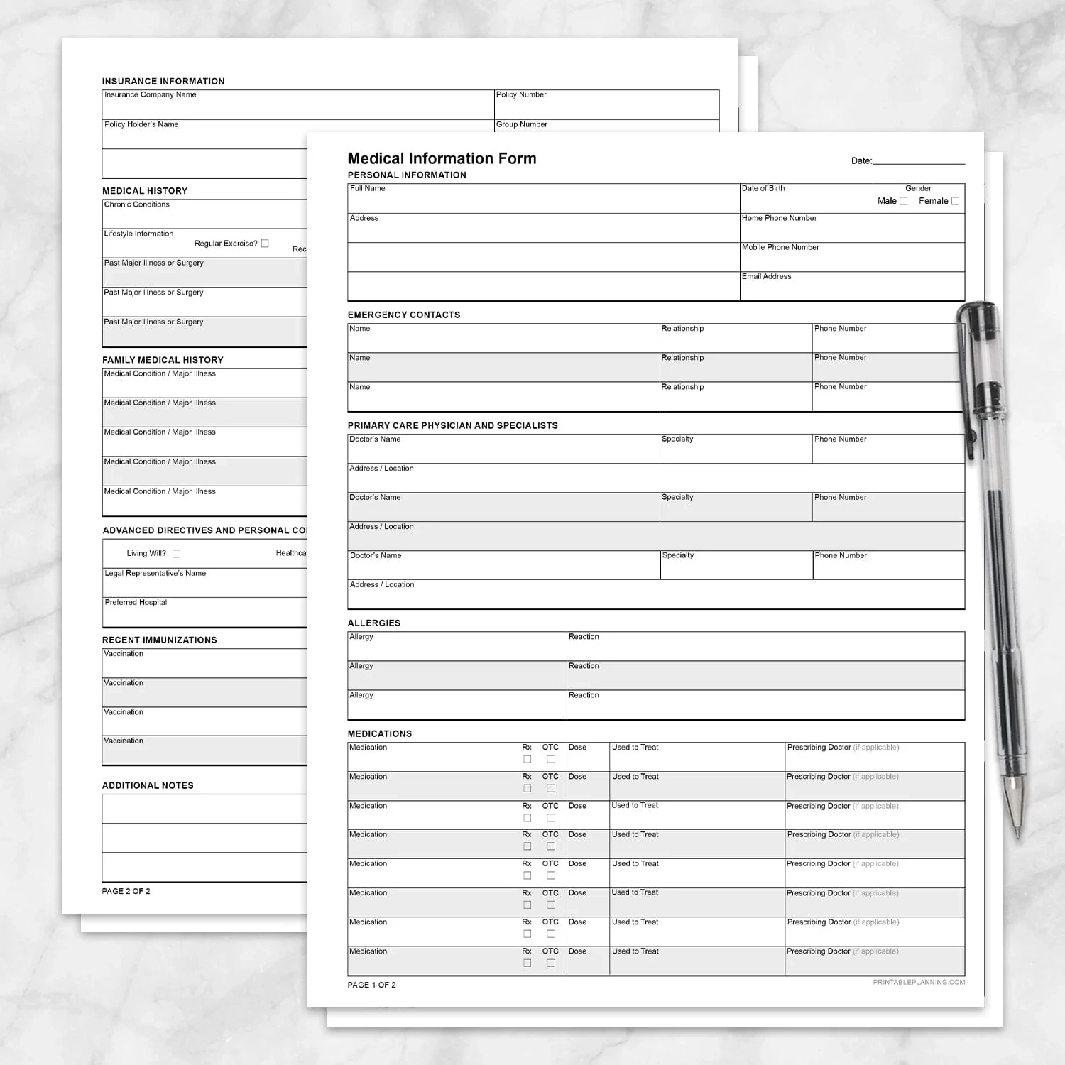 Medical Information Form Printable PDF Personal Health Tracker 