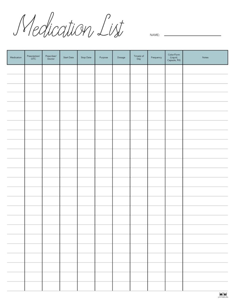 Printable Blank Medication Chart
