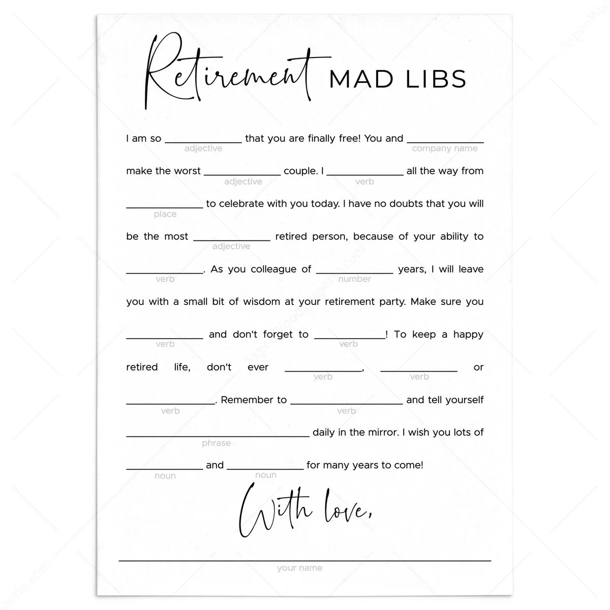 Modern Themed Retirement Mad Libs Printable His And Her
