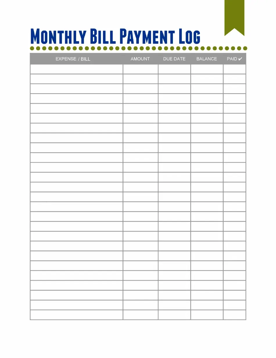 Monthly Bill Payment Log Template Blue Download Printable PDF 