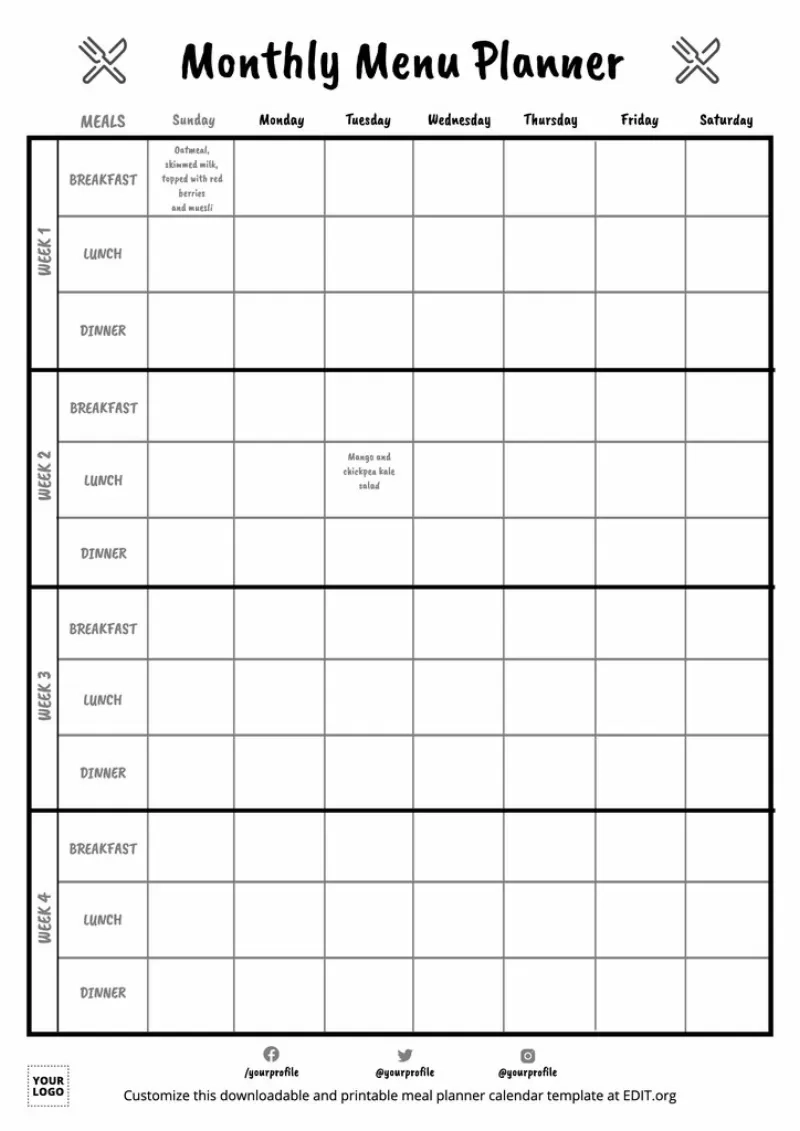 Free Printable Blank Menu Calendar