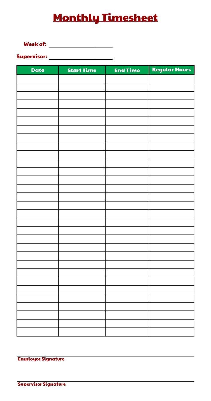 Blank Monthly Timesheet Printable