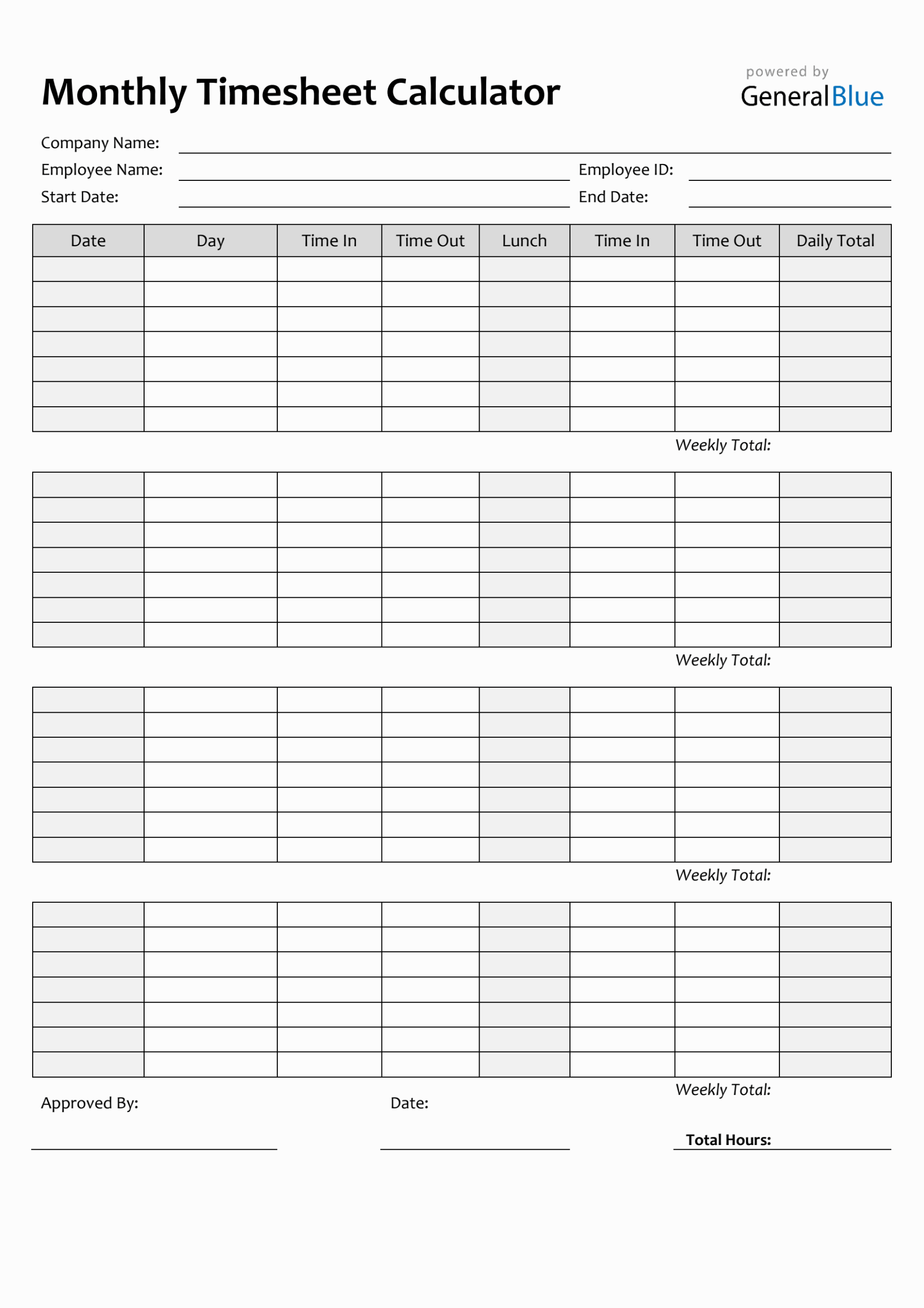 Blank Printable Monthly Timesheets