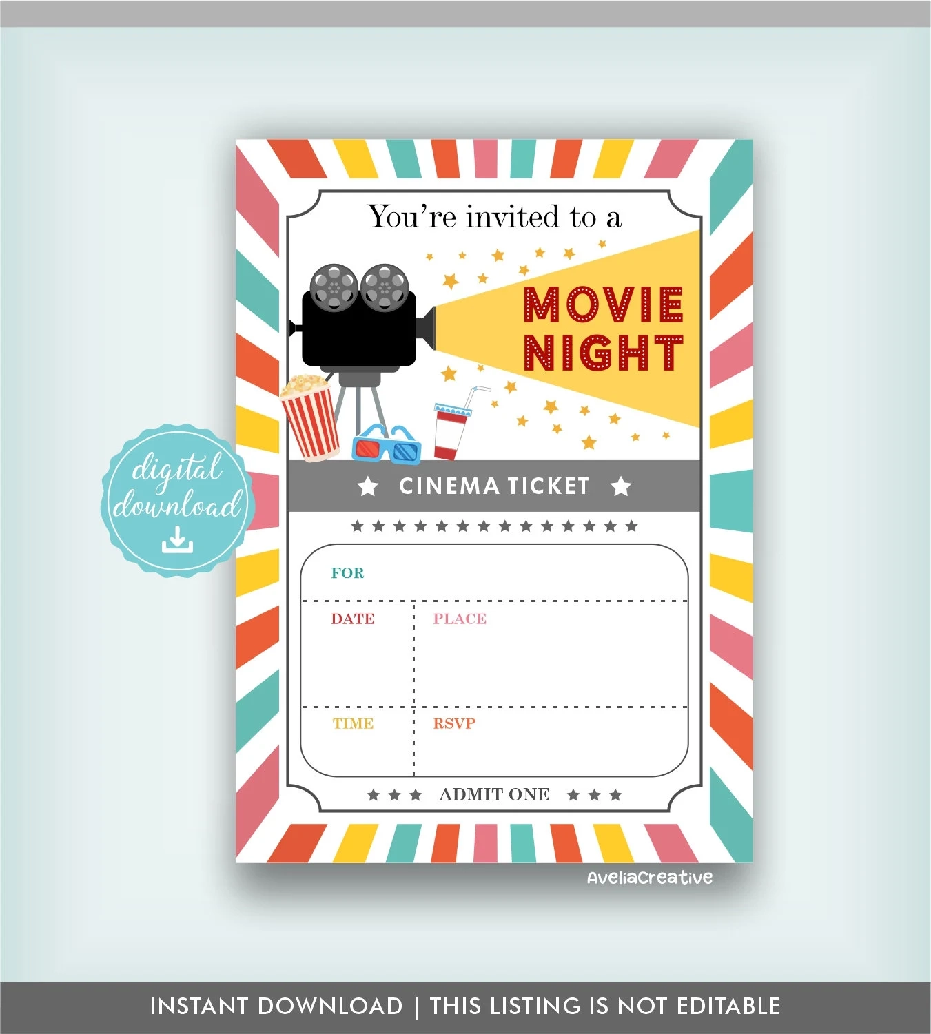 Movie Night Invitation Instant Download Movie Party Blank Invitation Fill In Movie Invite Printable Movie Night Birthday Party