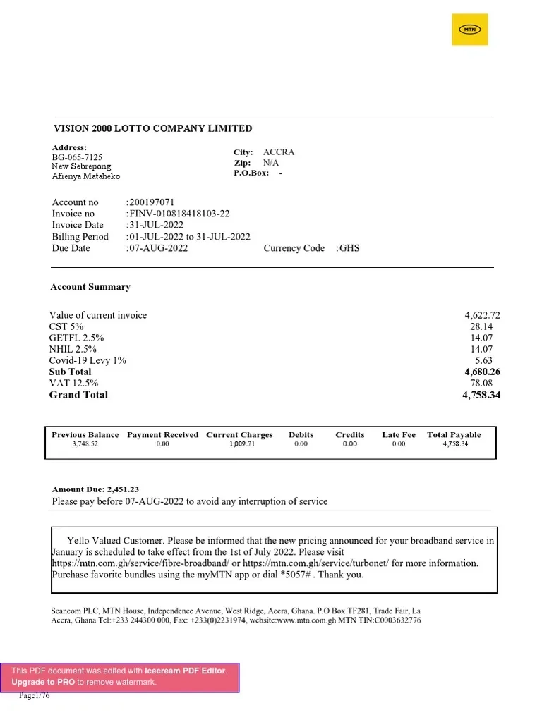 MTN Bill PDF Invoice Payments