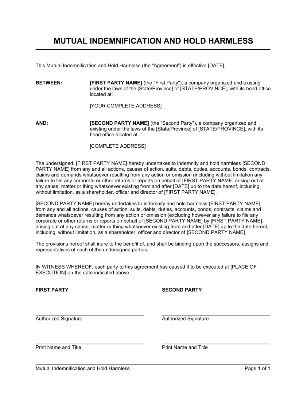 Printable Blank Hold Harmless Agreement