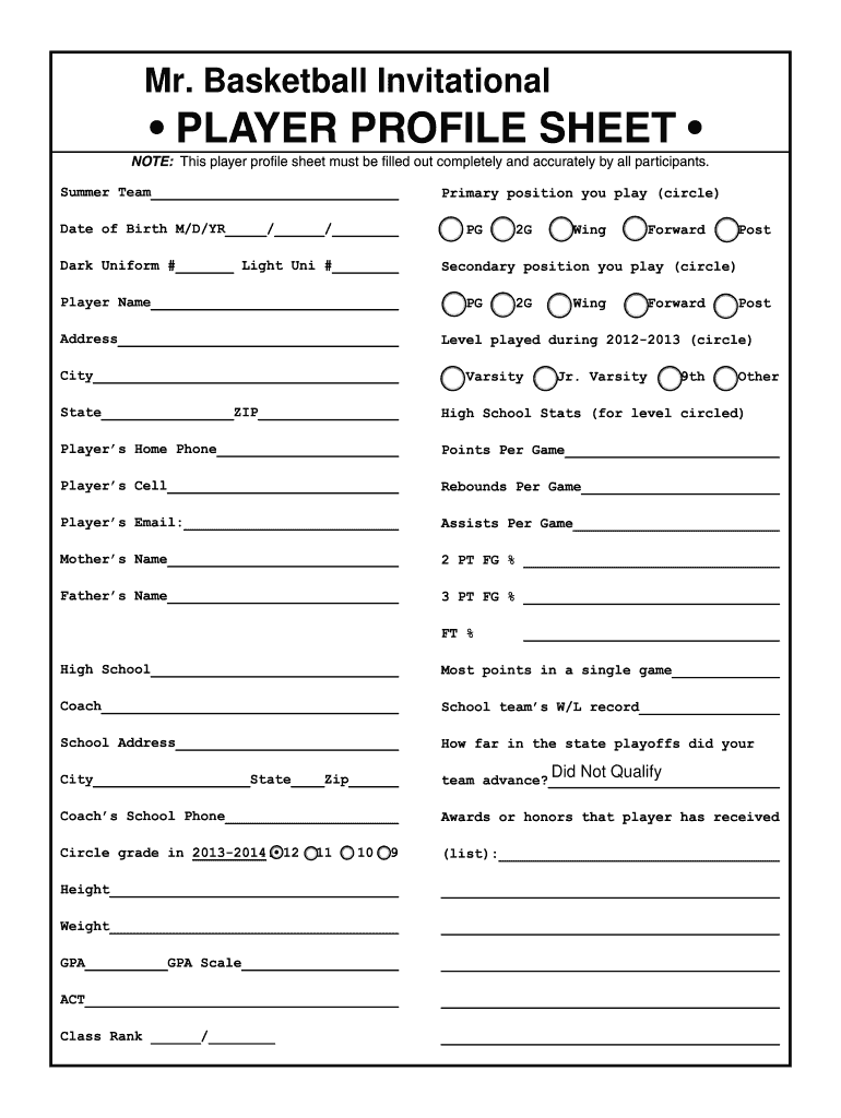 Printable Blank Player Profile Template