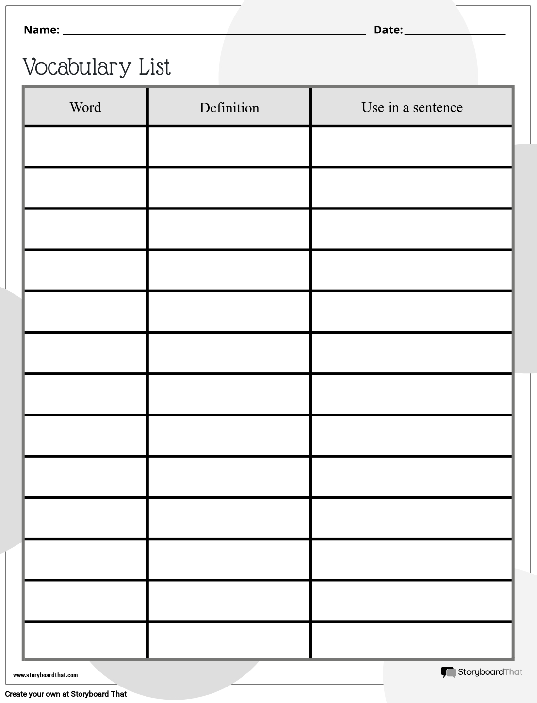 Printable Blank Vocabulary Worksheet