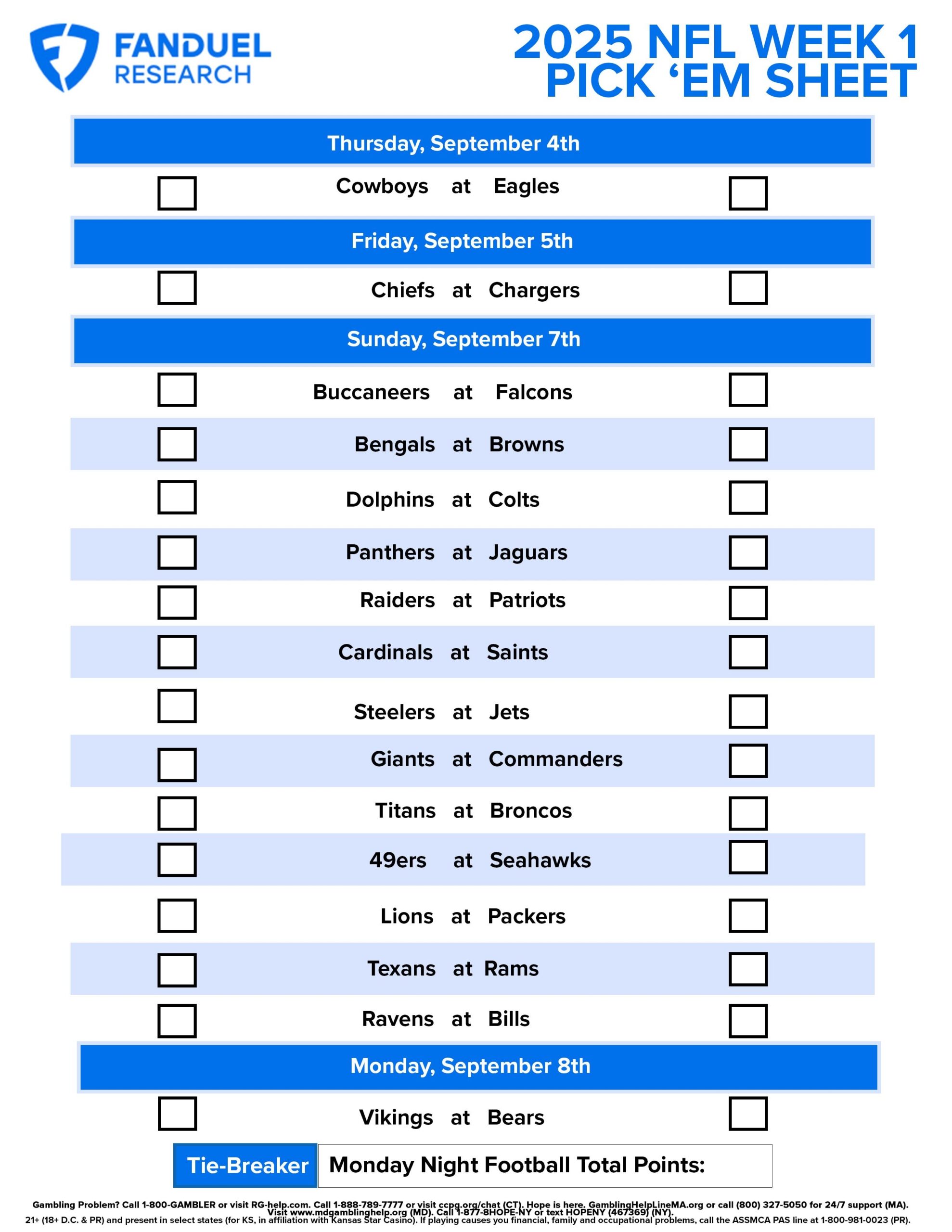 NFL Week 1 Pick Em Sheet Free Printable Schedule And Betting 