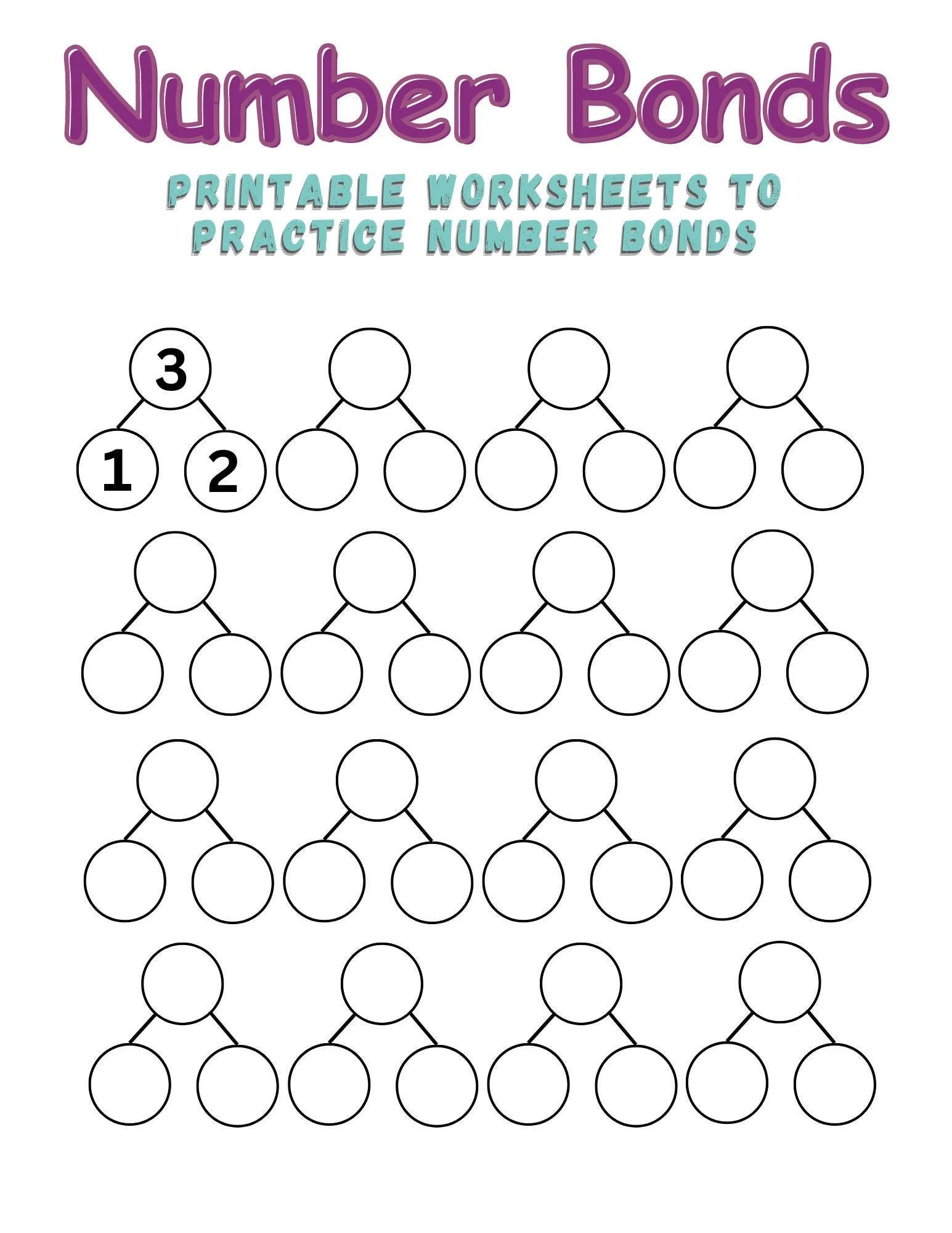 Number Bonds Blank Worksheets Kindergarten First Second Grade Math 