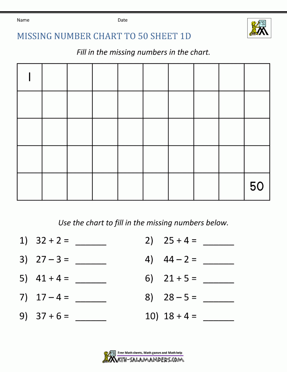 Number Grid 1-50 Blank Printable