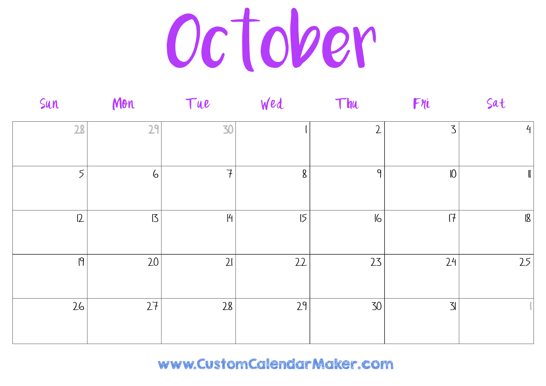 Blank Calendar Ofor Octoberf Printable