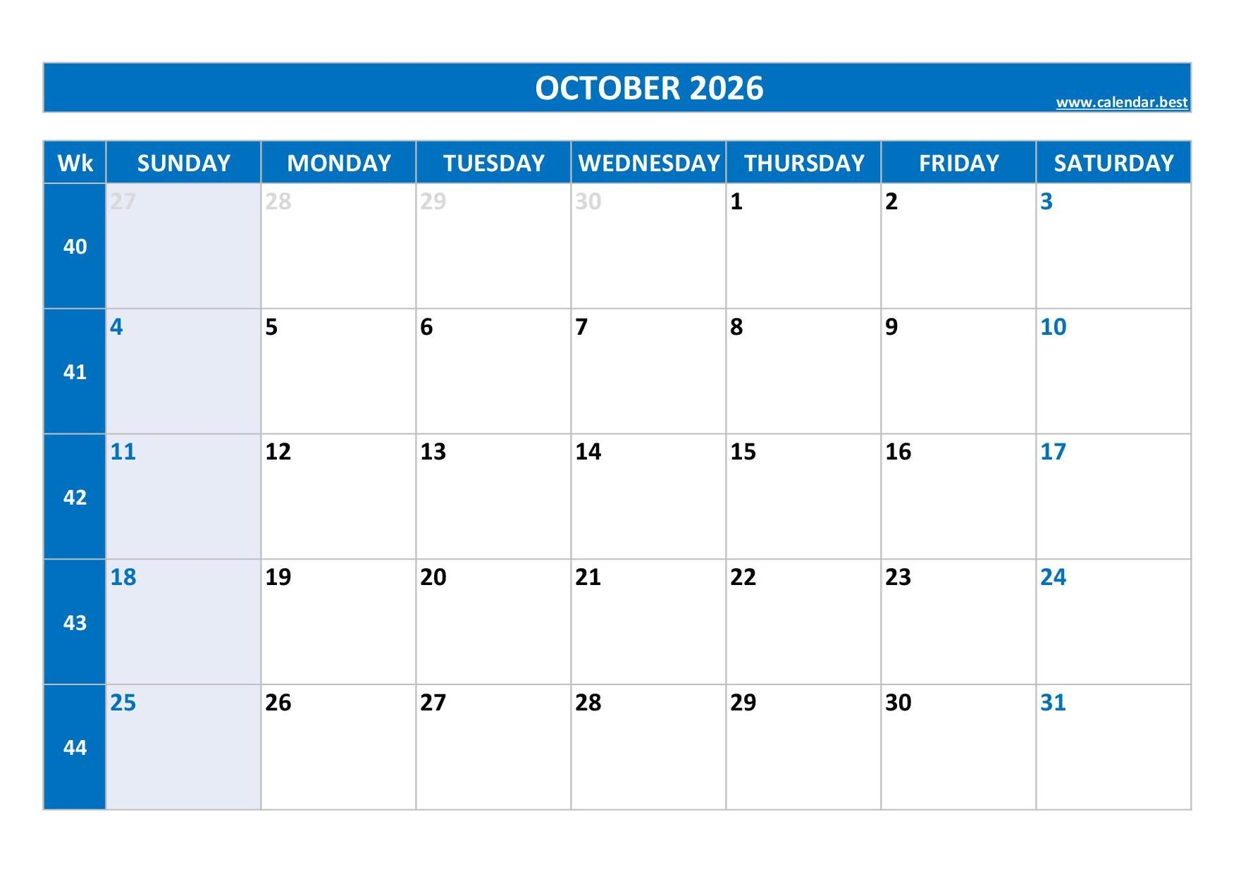 Calendar Blank Printable October 2026