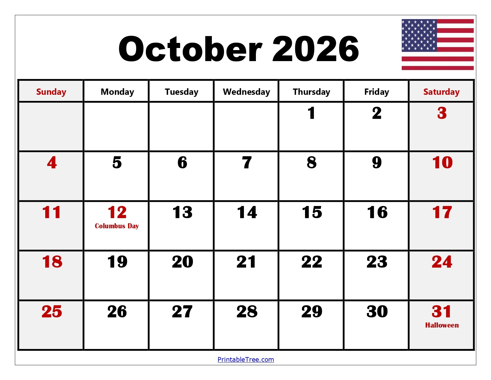 Blank October 2026 Calendar Printable