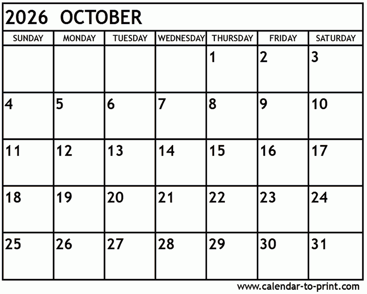 Blank 2026 October Calendar Printable