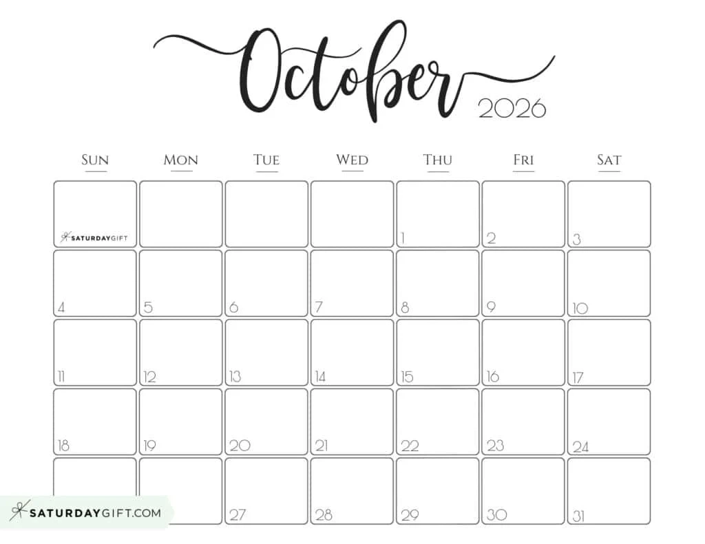 October 2026 Calendars 23 Cute Free Printable PDFs By SaturdayGift