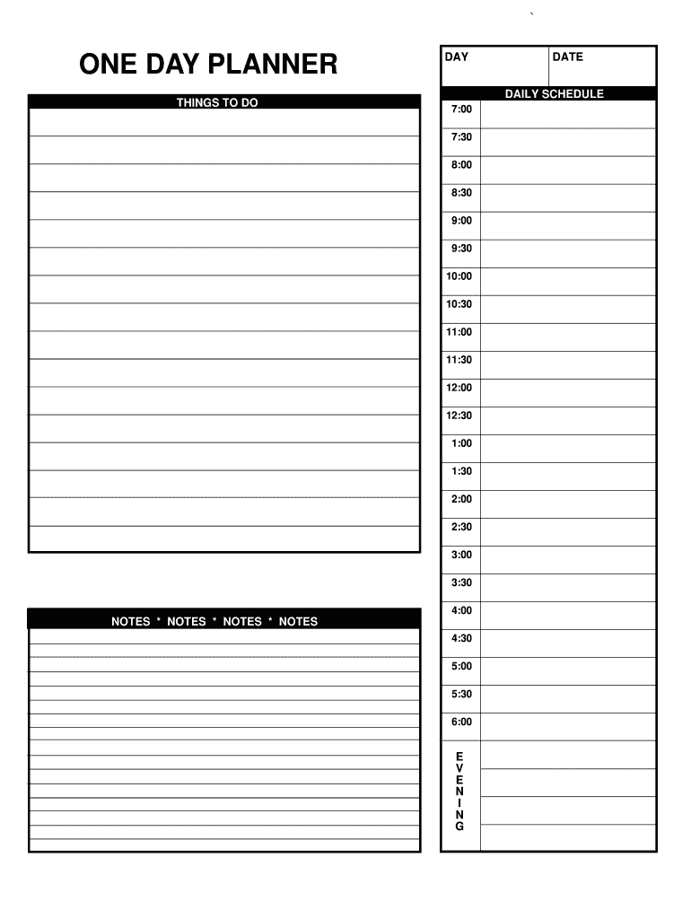 One Day Planner Form Fill Online Printable Fillable Blank 