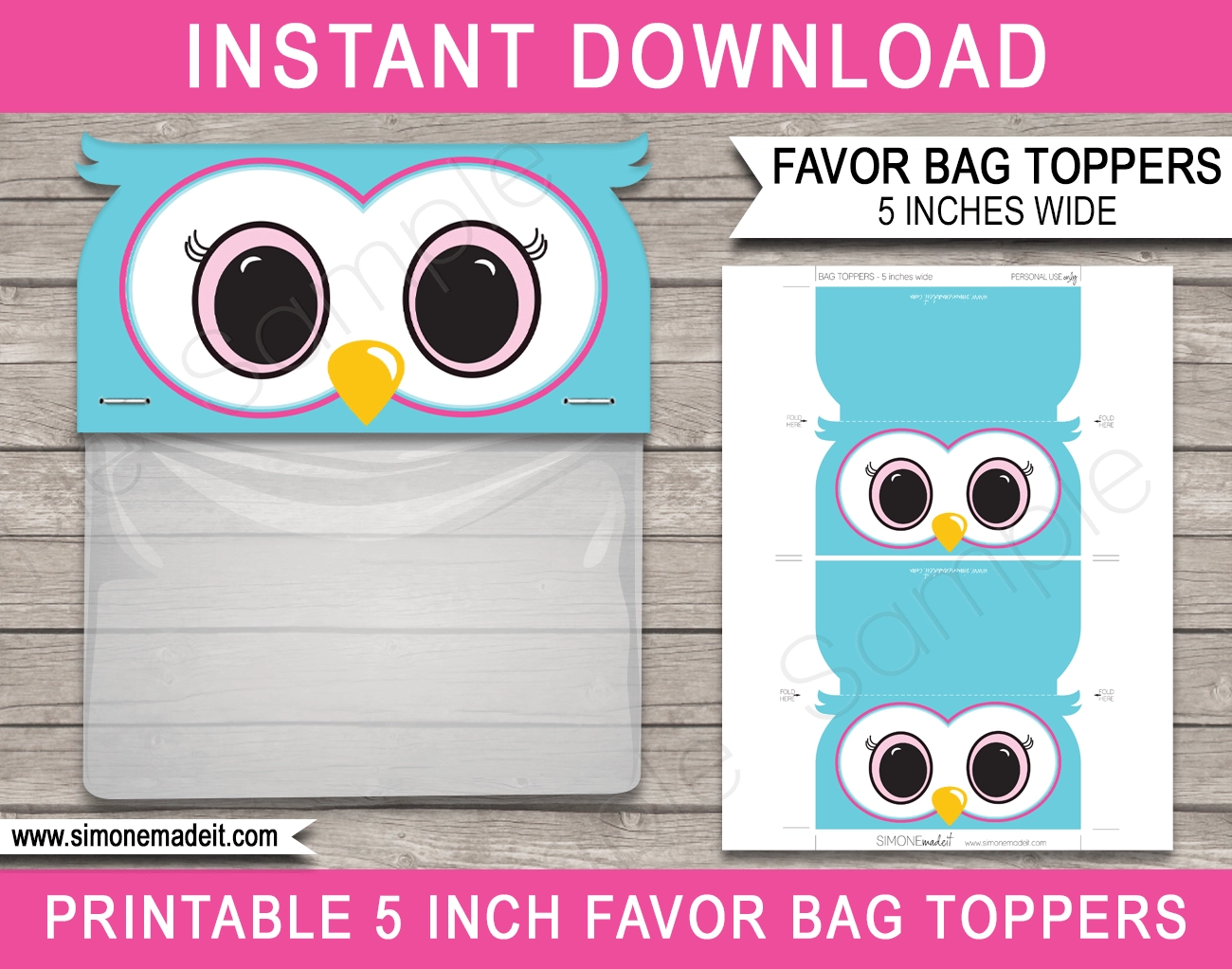 Owl Party Favor Bag Toppers Template Pink