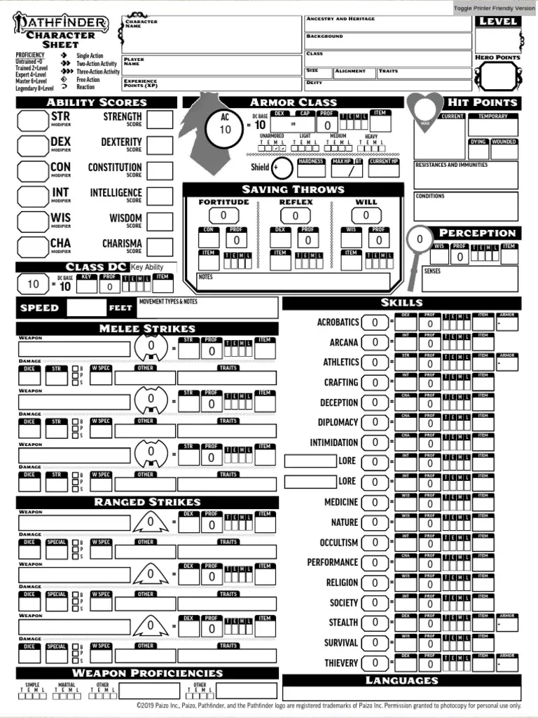 Pathfinder Character Sheet Blank Printable