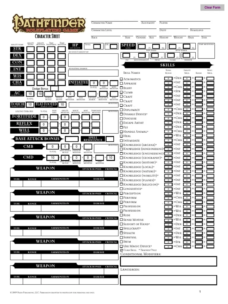 Pathfinder Fillable Character Sheet PDF Role Playing Games 