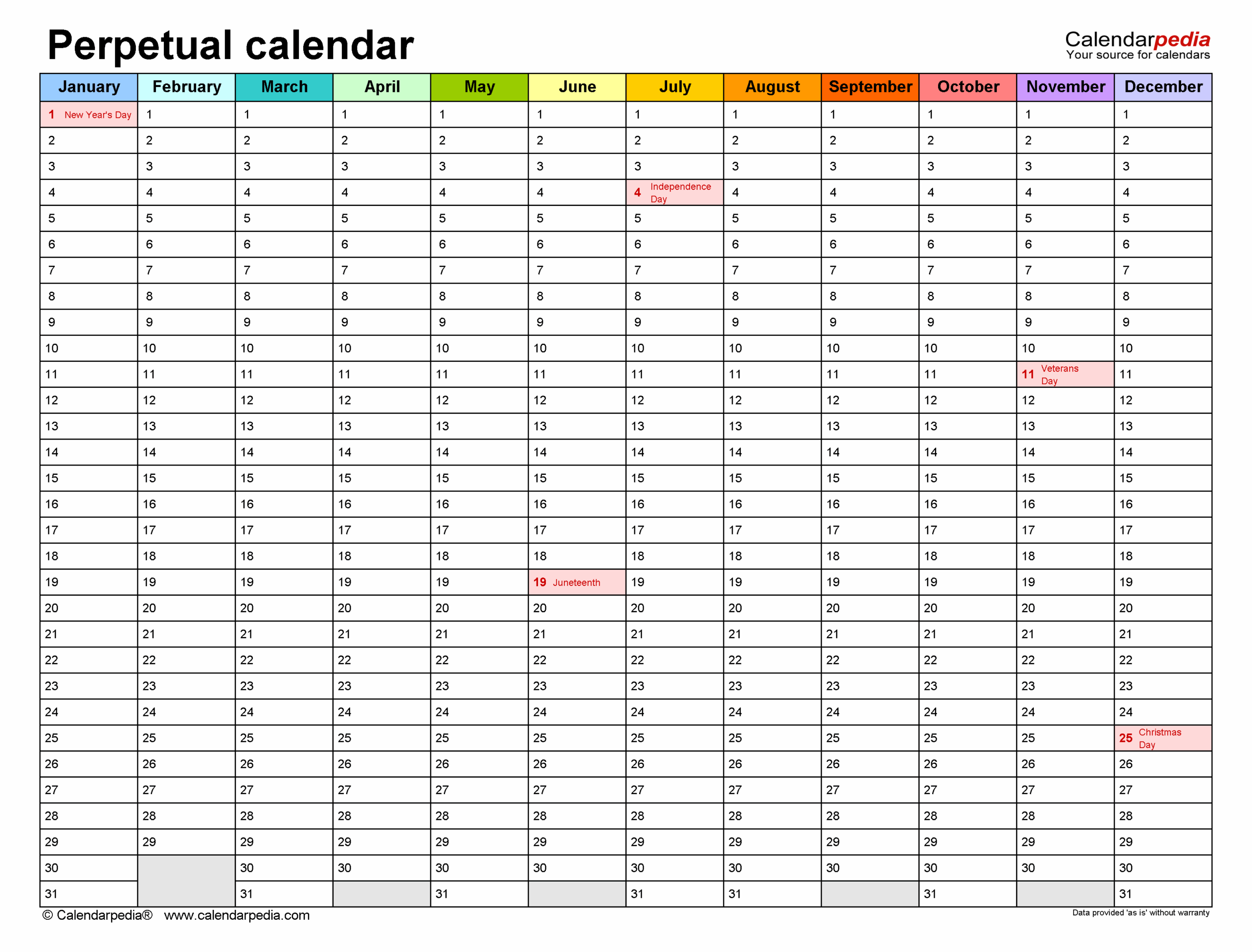 Editable Blank Perpetual Calendar Printable