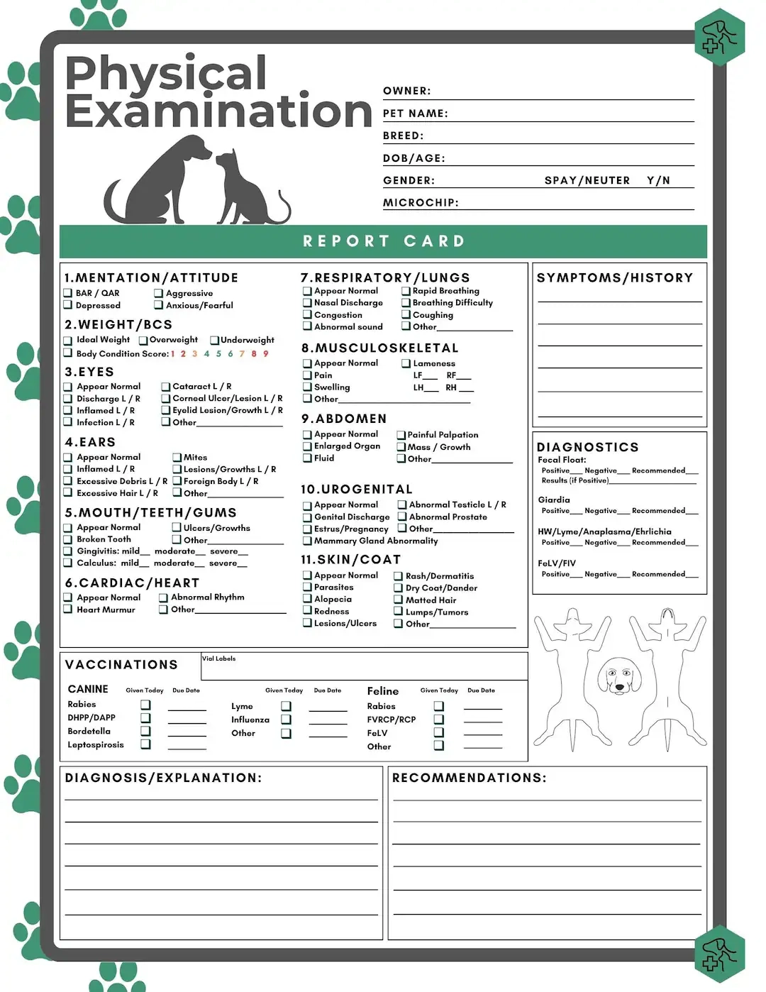 Physical Exam Form Veterinary Hospital Blank Fillable Exam Page Printable PDF Vet Med Clinic Examination Dog Cat Pet Report Card Etsy
