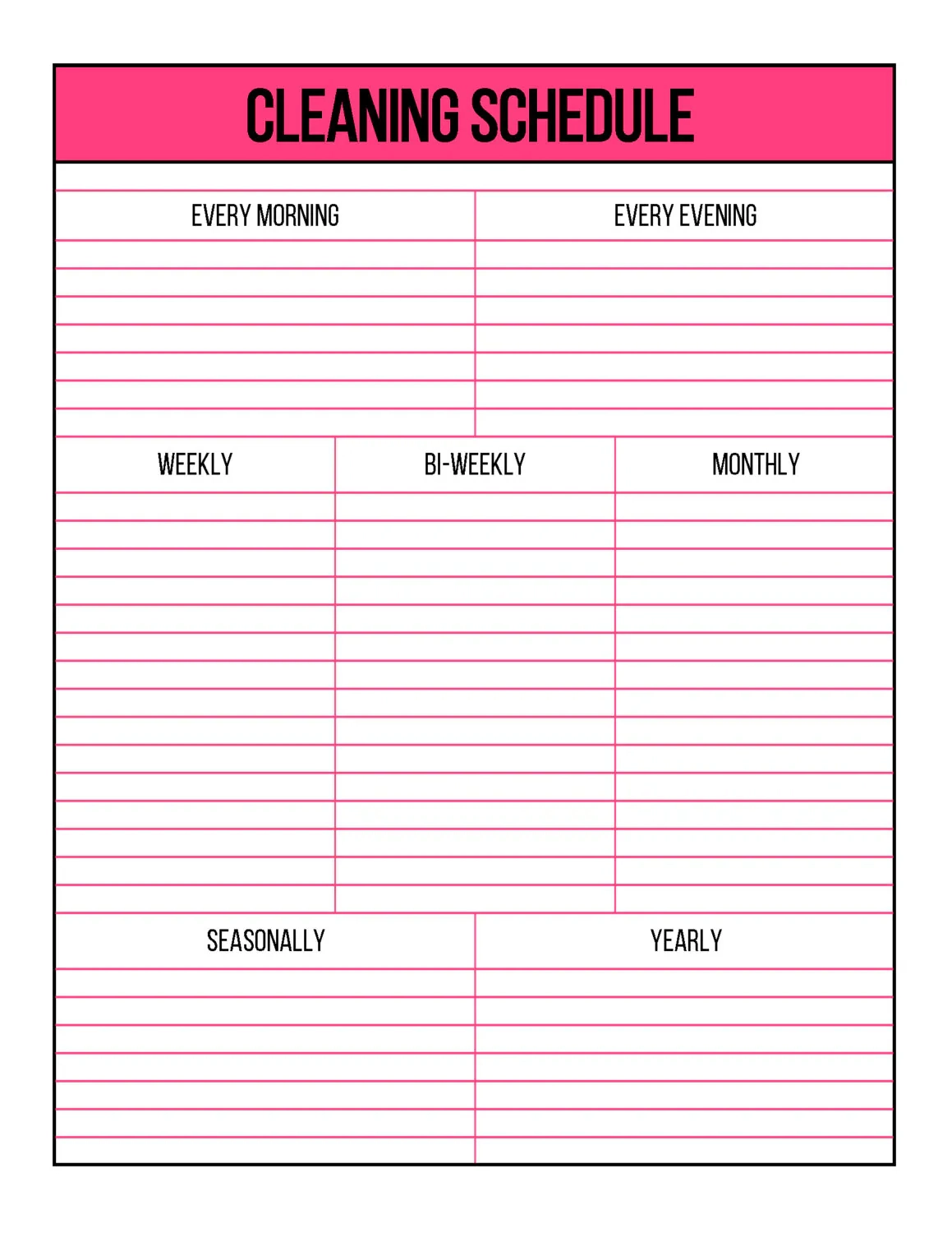 Printable Cleaning Schedule Template Blank