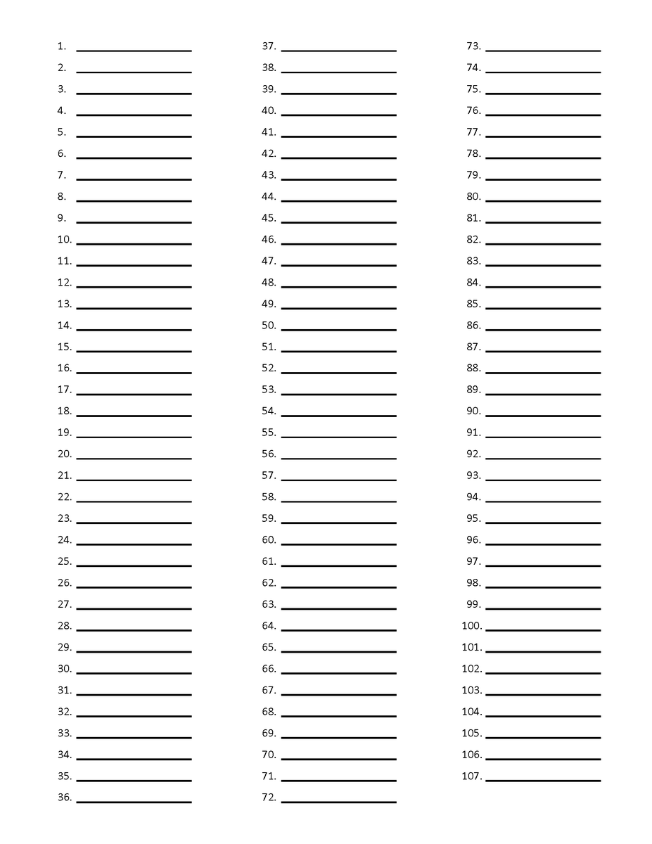 Printable 1-100 List Blank